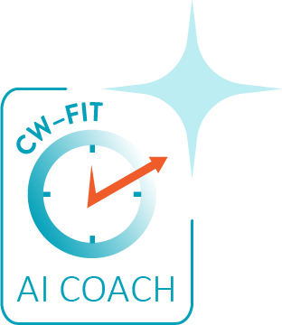 Logo for CW-FIT AI Coach featuring a clock and a sparkle